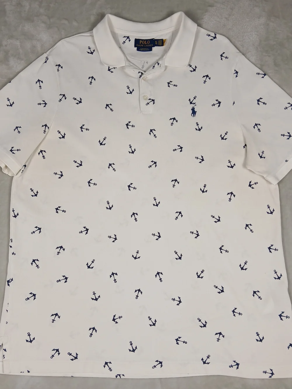 Polo Ralph Lauren All Over Print Polo Shirt XL Men's Stretch Mesh Anchors White